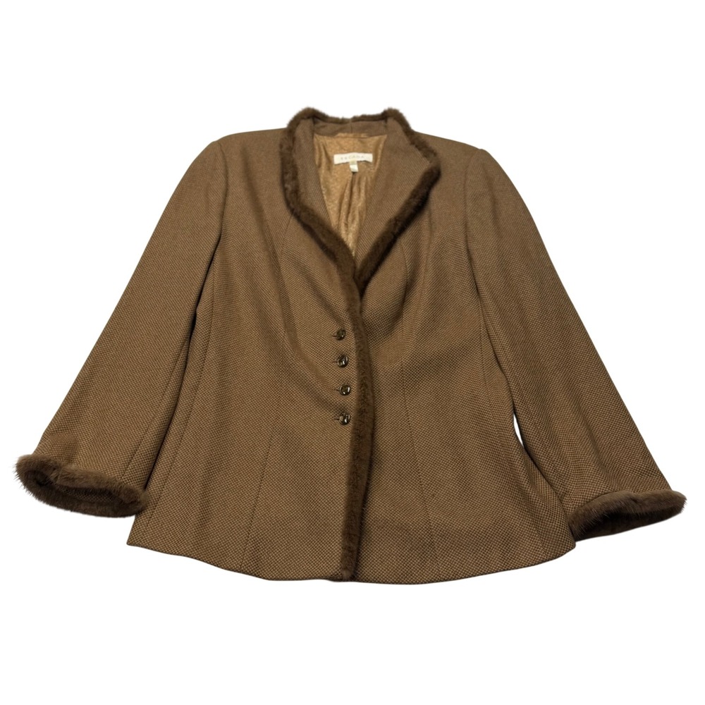 ESCADA Vintage 100% Camel Hair Genuine Mink Fur Trim Jacket Women's 44 Brown